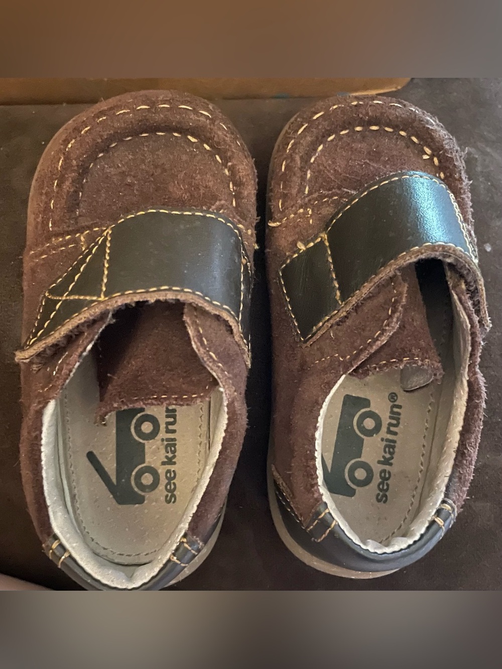 See Kai Run Brown Suede Moccasins with Tan Stitching